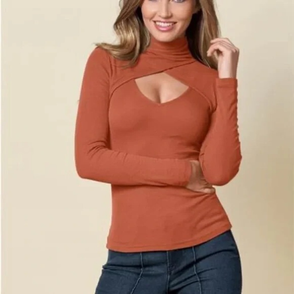 VENUS Women Cut Out Open Front Mock Neck Long Sleeve Top Sz L Orange 1-20